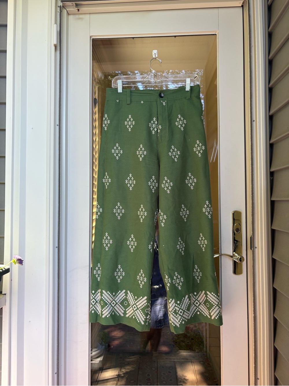 Zara Olive Green Patterned Cropped Wide-Leg Pants